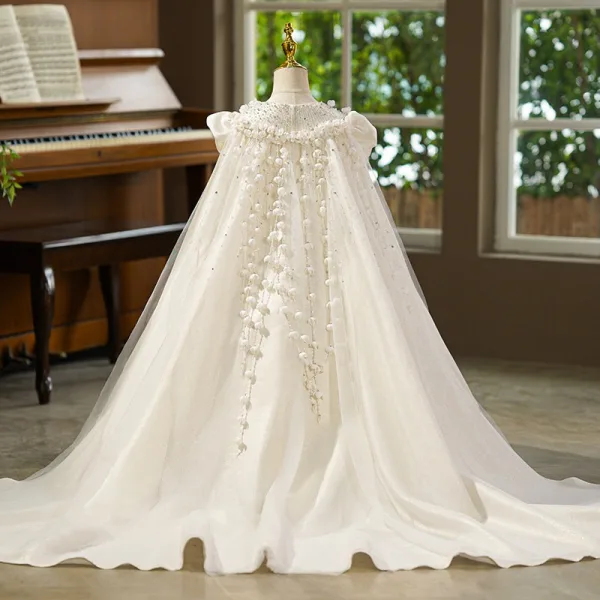 Elegante Ivory / Creme Applikationen Geburtstag Blumenmädchenkleider 2026 Ballkleid Rundhalsausschnitt Geschwollenes Kurze Ärmel