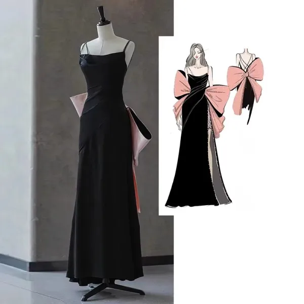 Fashion Black Satin Split Front Evening Dresses 2023 Trumpet / Mermaid Spaghetti Straps Sleeveless Backless Bow Floor-Length / Long Evening Party Formal Dresses