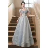 Chic / Beautiful Sky Blue Beading Lace Flower Butterfly Prom Dresses 2023 A-Line / Princess Square Neckline Short Sleeve Backless Floor-Length / Long Prom Formal Dresses