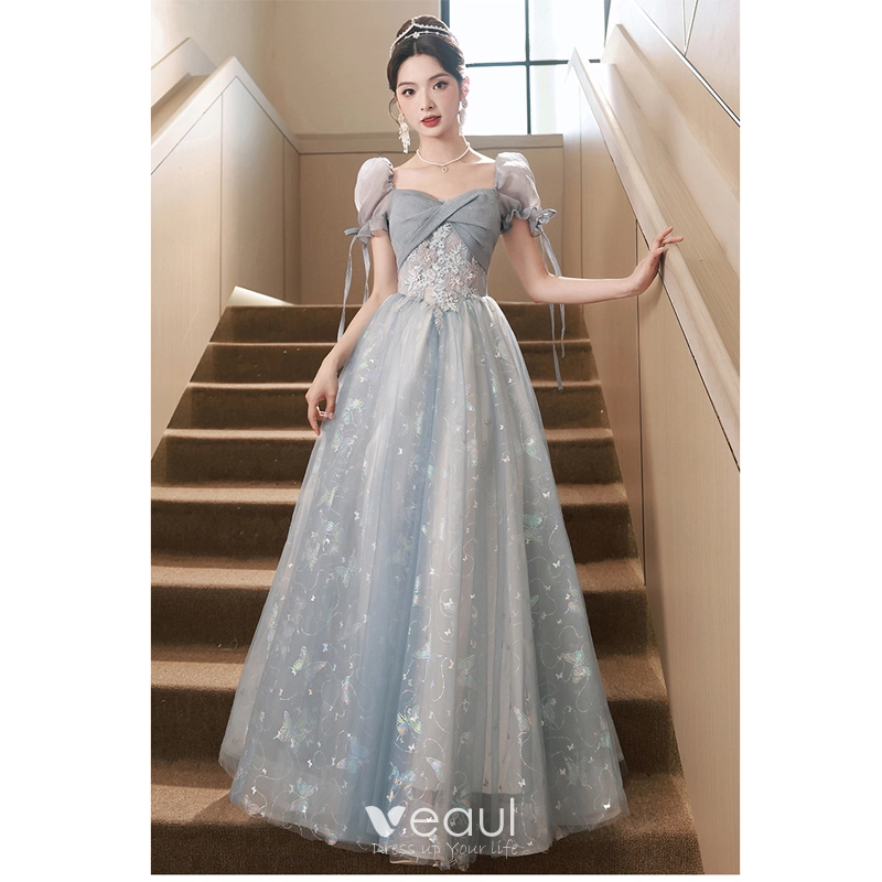 Chic / Beautiful Sky Blue Beading Lace Flower Butterfly Prom Dresses 2023  A-Line / Princess Square Neckline Short Sleeve Backless Floor-Length / Long Prom  Formal Dresses