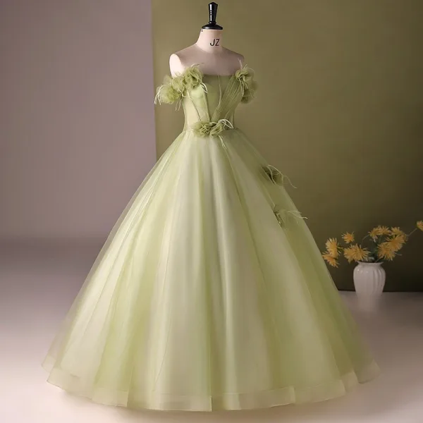 Elegant Sage Green Appliques Prom Dresses 2024 Ball Gown Strapless Sleeveless Backless Floor-Length / Long Prom Formal Dresses