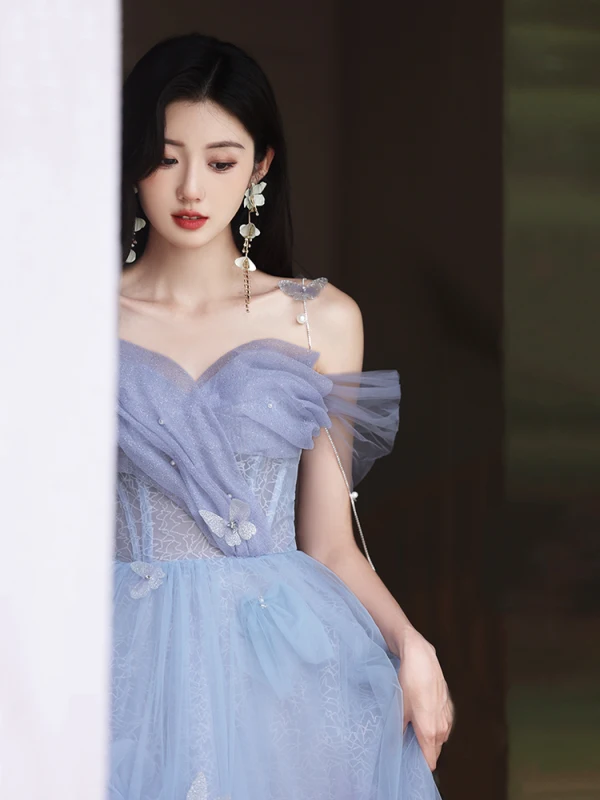 Fashion Sky Blue Butterfly Appliques Pearl Prom Dresses 2023 A-Line / Princess Strapless Sleeveless Backless Floor-Length / Long Prom Formal Dresses