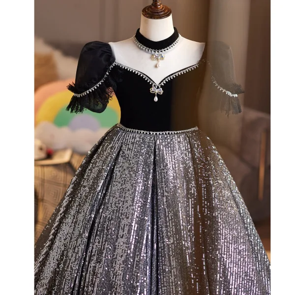 Sparkly Black Rhinestone Sequins Birthday Flower Girl Dresses 2026 Ball Gown Square Neckline Short Sleeve Backless Floor-Length / Long