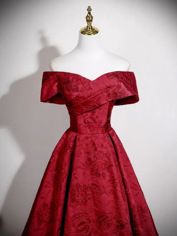 Vintage / Retro Burgundy Printing Prom Dresses 2025 A-Line / Princess Off-The-Shoulder Short Sleeve Backless Floor-Length / Long Formal Dresses