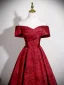 Vintage / Retro Burgundy Printing Prom Dresses 2025 A-Line / Princess Off-The-Shoulder Short Sleeve Backless Floor-Length / Long Formal Dresses