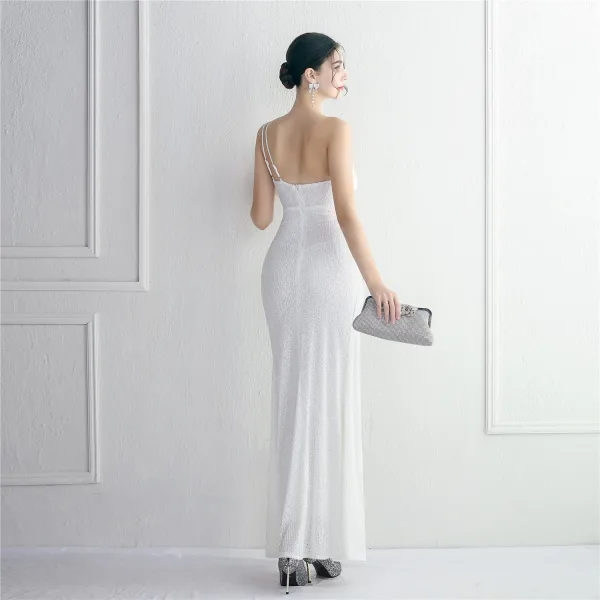 Sexy Schwarz Pailletten Gespaltete Front Abendkleider Meerjungfrau 2024 One-Shoulder Ärmellos Rückenfreies Lange Abend Festliche Kleider