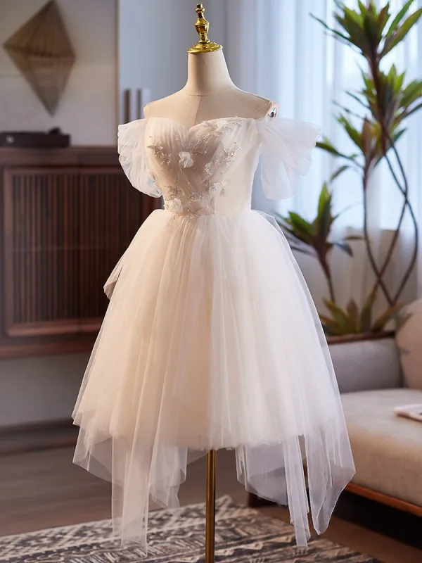 Modest / Simple White Beading Pearl Short / Mini Wedding Dresses 2024 A-Line / Princess Off-The-Shoulder Short Sleeve Backless Tulle Wedding
