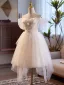 Modest / Simple White Beading Pearl Short / Mini Wedding Dresses 2024 A-Line / Princess Off-The-Shoulder Short Sleeve Backless Tulle Wedding