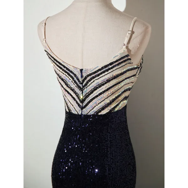 Sexy Argenté Bleu Marine Paillettes Robe De Soirée 2022 Trompette / Sirène Bretelles Spaghetti Sans Manches Dos Nu Fendue devant Longue Robe De Ceremonie