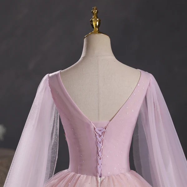 Elegant Blushing Pink Sequins Lace Flower Prom Dresses 2023 Ball Gown V-Neck Short Sleeve Backless Floor-Length / Long Prom Formal Dresses