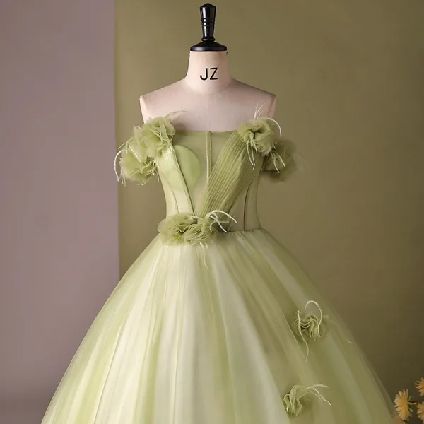 Elegant Sage Green Appliques Prom Dresses 2024 Ball Gown Strapless Sleeveless Backless Floor-Length / Long Prom Formal Dresses