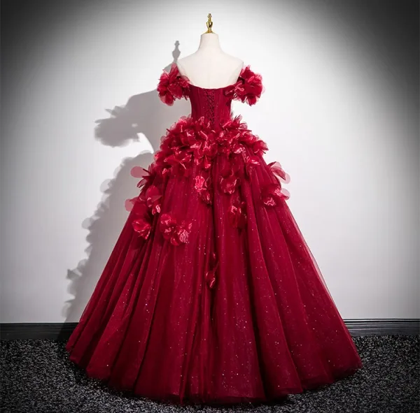 Schöne Burgunderrot Applikationen Ballkleider 2025 Ballkleid Off Shoulder Kurze Ärmel Rückenfreies Lange Ball Festliche Kleider
