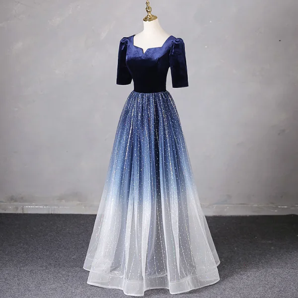 Vintage / Retro Navy Blue Beading Sequins Prom Dresses 2024 A-Line / Princess Square Neckline Short Sleeve Backless Floor-Length / Long Prom Formal Dresses