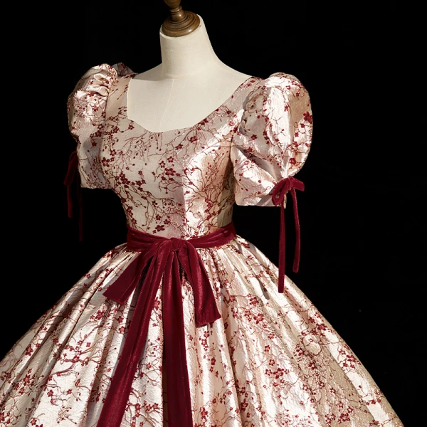 Modern / Fashion Burgundy Printing Prom Dresses 2023 Ball Gown Square Neckline Short Sleeve Backless Bow Sash Floor-Length / Long Prom Formal Dresses