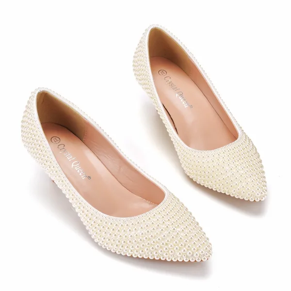 Élégant Blanche Perle Chaussure De Mariée 2022 5 cm Talons Aiguilles À Bout Pointu Mariage Escarpins Talons Hauts