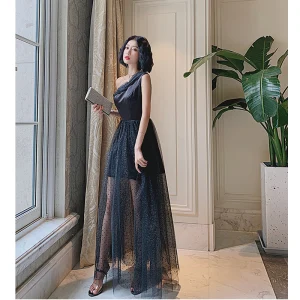 Charmant Noire Tachetée Paillettes Robe De Fête 2022 Princesse Une Épaule Sans Manches Dos Nu Longue Robe De Ceremonie
