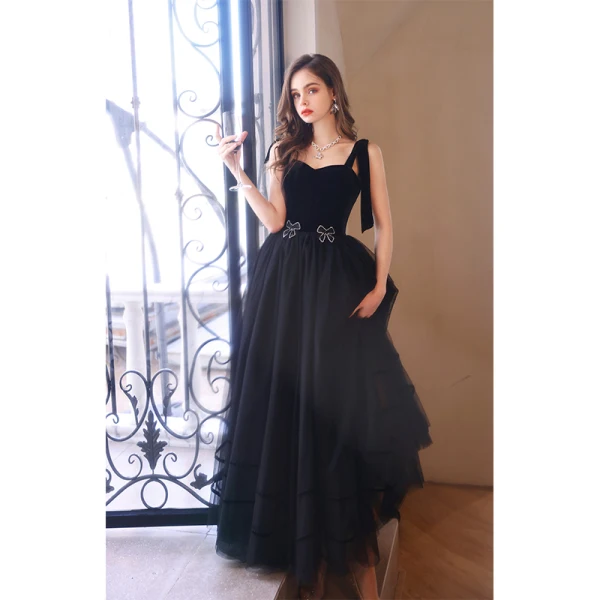 Chic / Beautiful Black Rhinestone Bow Prom Dresses 2022 A-Line / Princess Spaghetti Straps Sleeveless Backless Floor-Length / Long Prom Formal Dresses