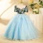 Chic / Beautiful Sky Blue Floral Pearl Rhinestone Birthday Flower Girl Dresses 2024 Ball Gown Scoop Neck Short Sleeve Backless Floor-Length / Long