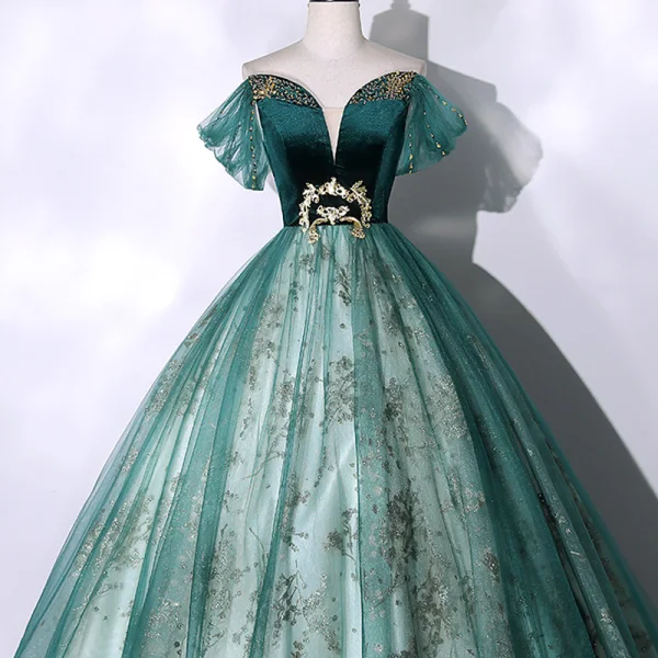 Elegant Dark Green Beading Sequins Prom Dresses 2023 Ball Gown Off-The-Shoulder Short Sleeve Backless Floor-Length / Long Prom Formal Dresses