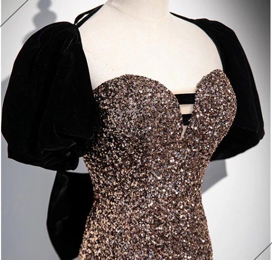 Scintillantes Noire Perlage Paillettes Robe De Soirée 2024 Trompette / Sirène Bustier Manches Courtes Dos Nu Noeud Train De Balayage Soirée Robe De Ceremonie