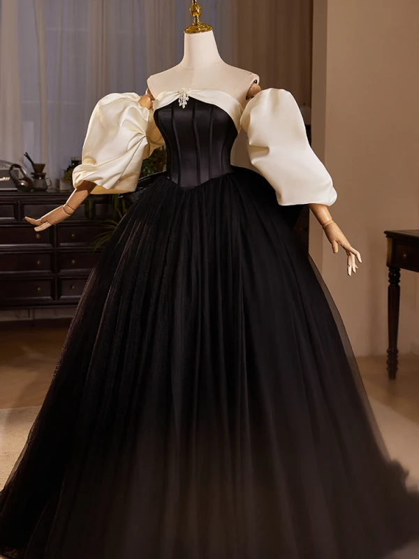 Audrey Hepburn Style Black Prom Dresses 2024 Ball Gown Strapless Puffy Short Sleeve Backless Bow Floor-Length / Long Prom Formal Dresses