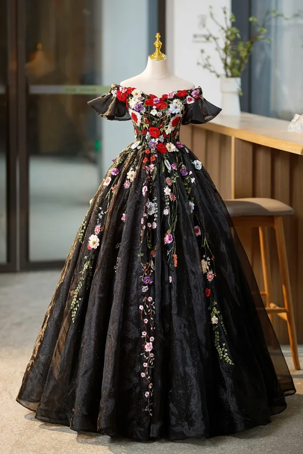 Flower Fairy Black Appliques Lace Flower Glitter Prom Dresses 2023 Off-The-Shoulder Short Sleeve Backless Floor-Length / Long Formal Dresses