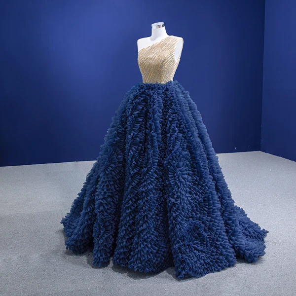 High-end Ocean Blue Rhinestone Ruffle Prom Dresses 2022 Ball Gown One-Shoulder Sleeveless Backless Floor-Length / Long Prom Formal Dresses
