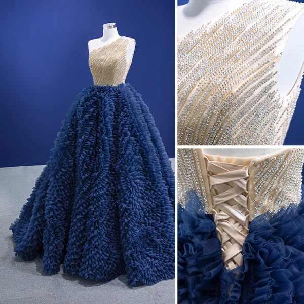 High-end Ocean Blue Rhinestone Ruffle Prom Dresses 2022 Ball Gown One-Shoulder Sleeveless Backless Floor-Length / Long Prom Formal Dresses