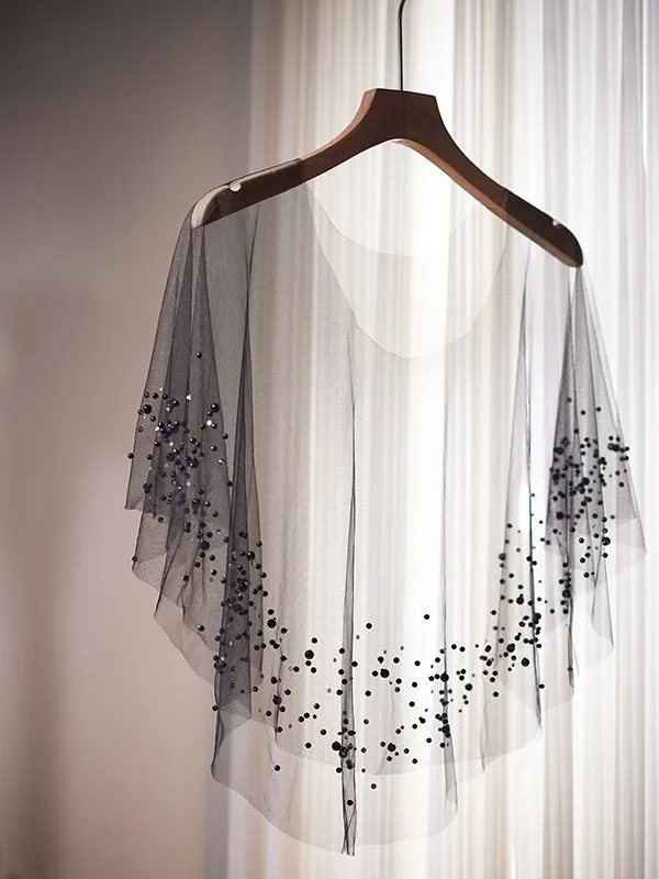 Modest / Simple Black Rhinestone Tulle shawl 2025