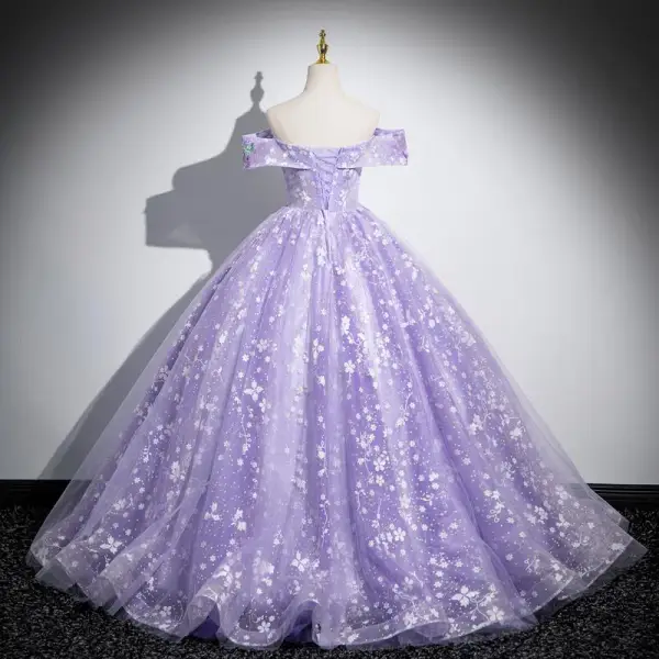 Flower Fairy Lavender Appliques Sequins Prom Dresses 2024 Ball Gown Off-The-Shoulder Short Sleeve Backless Floor-Length / Long Prom Formal Dresses