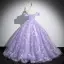 Flower Fairy Lavender Appliques Sequins Prom Dresses 2024 Ball Gown Off-The-Shoulder Short Sleeve Backless Floor-Length / Long Prom Formal Dresses