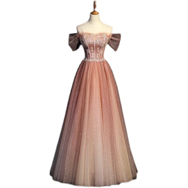 Charmant Pink Farbverlauf Ballkleider 2022 A Linie Off Shoulder Kurze Ärmel Rückenfreies Perlenstickerei Perle Pailletten Lange Festliche Kleider