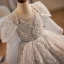 Vintage / Retro Grey Beading Pearl Sequins Cascading Ruffles Flower Girl Dresses 2024 Ball Gown Birthday Scoop Neck Long Sleeve Backless Floor-Length / Long