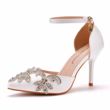 Mooie Prachtige Witte Rhinestone Bruidsschoenen 2022 Enkelband 9 Cm Naaldhakken Stiletto Spitse Neus Huwelijk Hoge Hakken