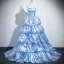 Fashion Sky Blue Pearl Rhinestone Prom Dresses 2025 Ball Gown Strapless Sleeveless Backless Court Train Satin Prom Formal Dresses