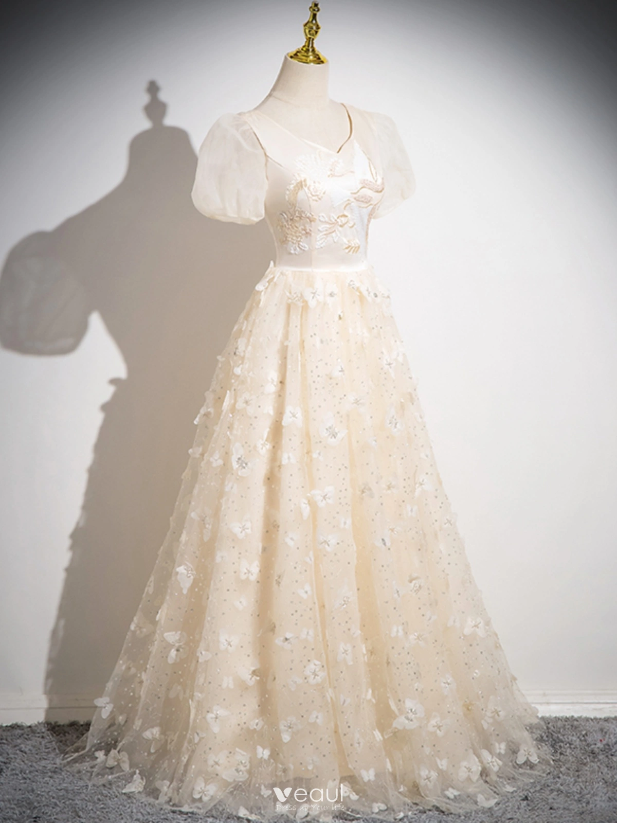 Beading Backless Champagne V Neck A Line Prom Dress