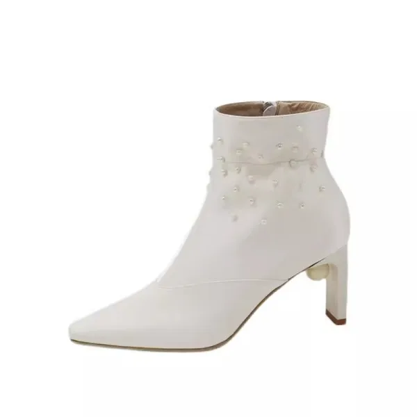 Mode Ivory / Creme Perle Satin Winter Brautschuhe 2024 8 cm Stilettos Spitzschuh Hochzeit Stiefel