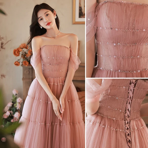 Charming Blushing Pink Beading Pleated Evening Dresses 2023 A-Line / Princess Off-The-Shoulder Sleeveless Backless Floor-Length / Long Evening Party Formal Dresses