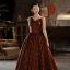 Vintage / Retro Burgundy Printing Prom Dresses 2023 Ball Gown Strapless Sleeveless Backless Floor-Length / Long Prom Formal Dresses