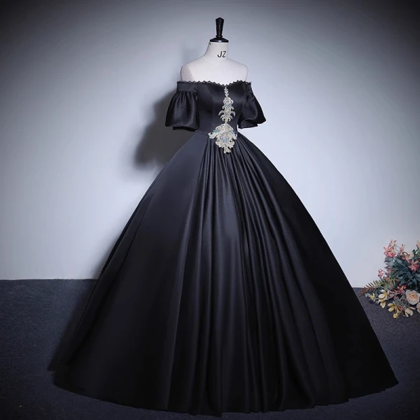 Elegant Black Beading Sequins Lace Flower Prom Dresses 2023 Ball Gown Off-The-Shoulder Short Sleeve Backless Floor-Length / Long Prom Formal Dresses