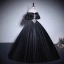 Elegant Black Beading Sequins Lace Flower Prom Dresses 2023 Ball Gown Off-The-Shoulder Short Sleeve Backless Floor-Length / Long Prom Formal Dresses