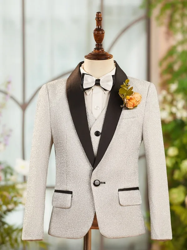 Fall Winter Silver Glitter 6-piece Long Sleeve Boys Wedding Suits 2025 Body Jewellery Coat Pants Shirt Tie Vest