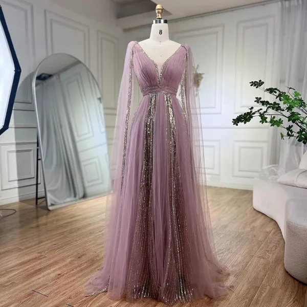 Elegante Salbeigrün Pailletten Ballkleider 2024 A Linie V-Ausschnitt Ärmellos Lange Ball Festliche Kleider