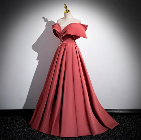 Elegant Watermelon Pearl Satin Prom Dresses 2024 Ball Gown Off-The-Shoulder Short Sleeve Backless Floor-Length / Long Prom Formal Dresses