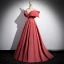 Elegant Watermelon Pearl Satin Prom Dresses 2024 Ball Gown Off-The-Shoulder Short Sleeve Backless Floor-Length / Long Prom Formal Dresses