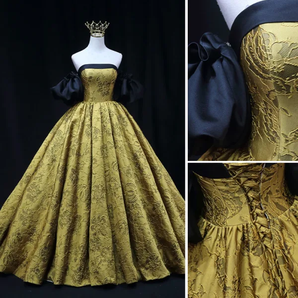 Vintage / Retro Gold Printing Prom Dresses 2022 Ball Gown Satin Strapless Puffy Short Sleeve Backless Floor-Length / Long Formal Dresses