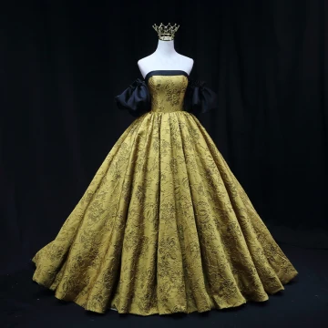 Vintage Retro Gold Printing Prom Dresses 2022 Ball Gown Satin Strapless Puffy Short Sleeve Backless Floor Length Long Formal Dresses
