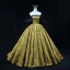 Vintage / Retro Gold Printing Prom Dresses 2022 Ball Gown Satin Strapless Puffy Short Sleeve Backless Floor-Length / Long Formal Dresses
