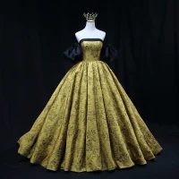 Vintage Oro Impresión Vestidos de gala 2022 Ball Gown Satén Sin Tirantes Hinchado Manga Corta Sin Espalda Largos Vestidos Formales