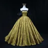 Vintage / Retro Gold Printing Prom Dresses 2022 Ball Gown Satin Strapless Puffy Short Sleeve Backless Floor-Length / Long Formal Dresses